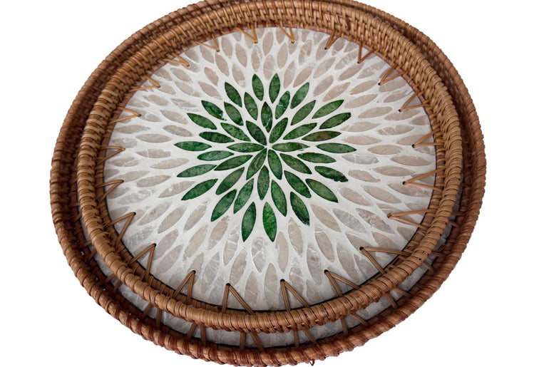 Natural Round Rattan Display Tray with Shell Inlay Base - Artisan Handmade Decor Tray for Coffee Table, Kitchen Serving, Made in Vietnam 139