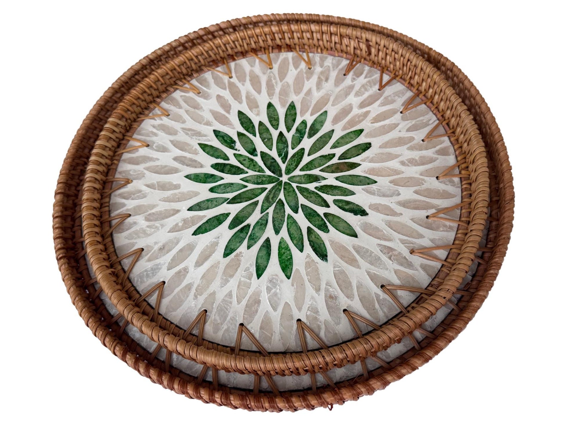 Natural Round Rattan Display Tray with Shell Inlay Base - Artisan Handmade Decor Tray for Coffee Table, Kitchen Serving, Made in Vietnam 139