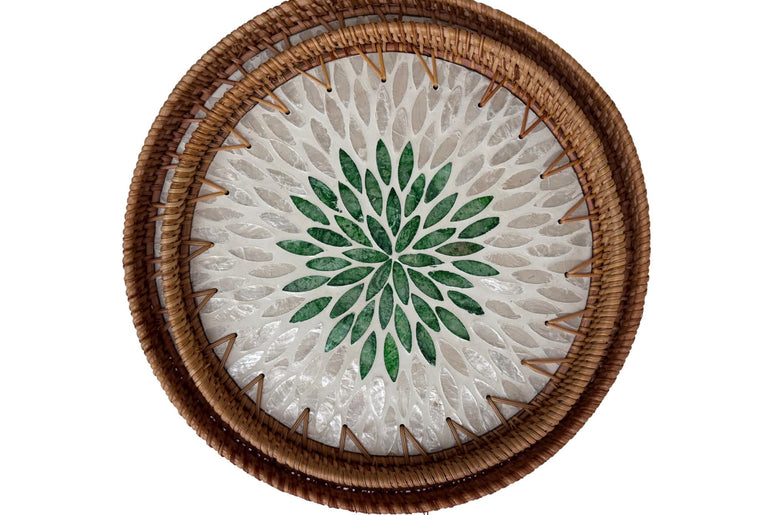 Natural Round Rattan Display Tray with Shell Inlay Base - Artisan Handmade Decor Tray for Coffee Table, Kitchen Serving, Made in Vietnam 139