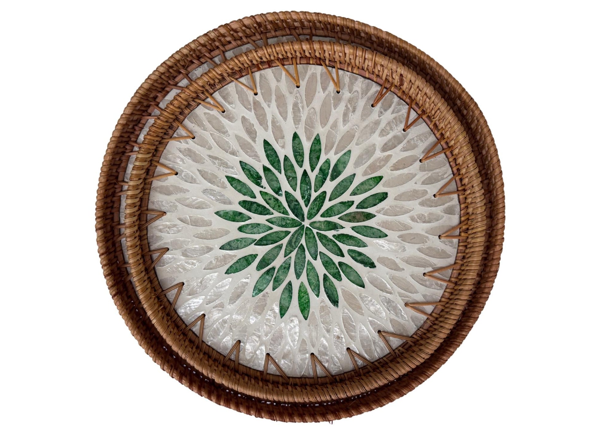 Natural Round Rattan Display Tray with Shell Inlay Base - Artisan Handmade Decor Tray for Coffee Table, Kitchen Serving, Made in Vietnam 139