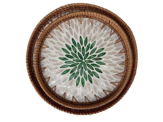 Natural Round Rattan Display Tray with Shell Inlay Base - Artisan Handmade Decor Tray for Coffee Table, Kitchen Serving, Made in Vietnam 139