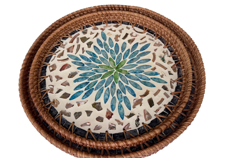 Natural Round Rattan Display Tray with Shell Inlay Base - Artisan Handmade Decor Tray for Coffee Table, Kitchen Serving, Made in Vietnam 20