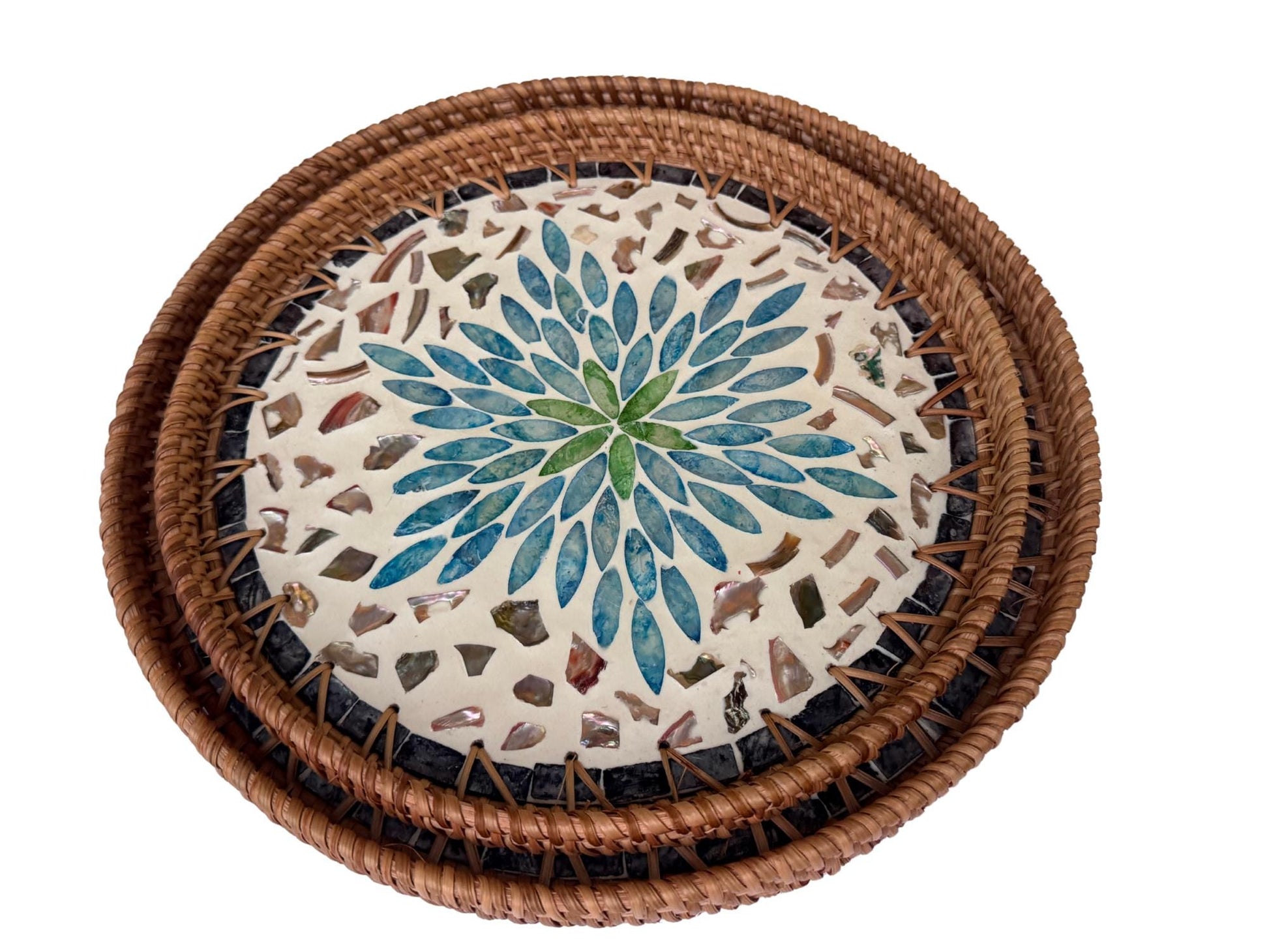Natural Round Rattan Display Tray with Shell Inlay Base - Artisan Handmade Decor Tray for Coffee Table, Kitchen Serving, Made in Vietnam 20