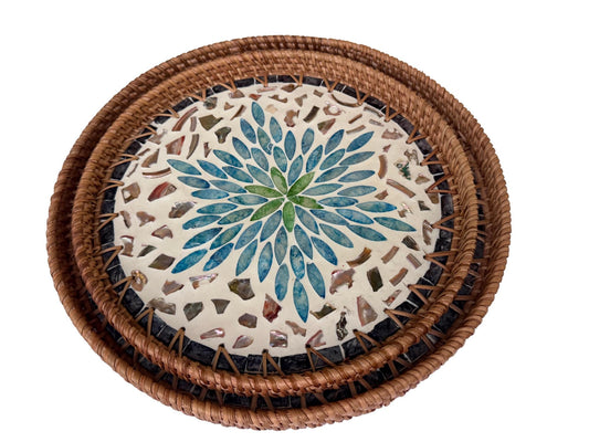 Natural Round Rattan Display Tray with Shell Inlay Base - Artisan Handmade Decor Tray for Coffee Table, Kitchen Serving, Made in Vietnam 20