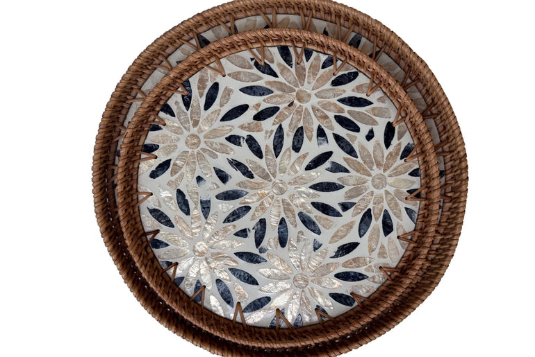 Natural Round Rattan Display Tray with Shell Inlay Base - Artisan Handmade Decor Tray for Coffee Table, Kitchen Serving, Made in Vietnam 19