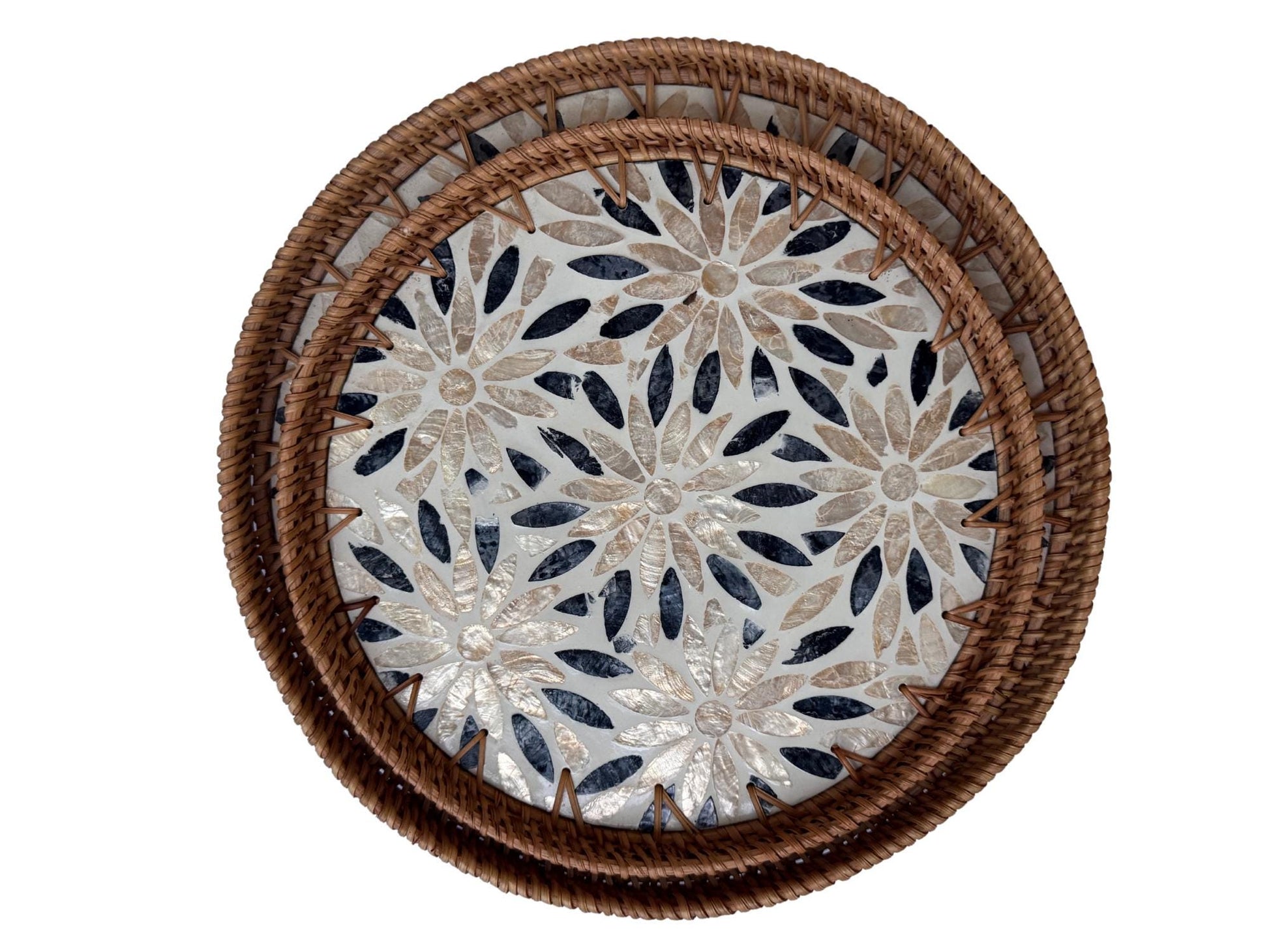 Natural Round Rattan Display Tray with Shell Inlay Base - Artisan Handmade Decor Tray for Coffee Table, Kitchen Serving, Made in Vietnam 19