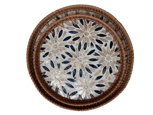 Natural Round Rattan Display Tray with Shell Inlay Base - Artisan Handmade Decor Tray for Coffee Table, Kitchen Serving, Made in Vietnam 19