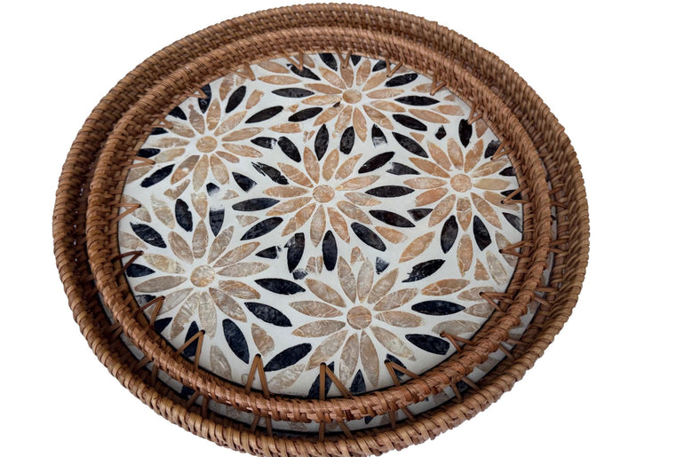 Natural Round Rattan Display Tray with Shell Inlay Base - Artisan Handmade Decor Tray for Coffee Table, Kitchen Serving, Made in Vietnam 19