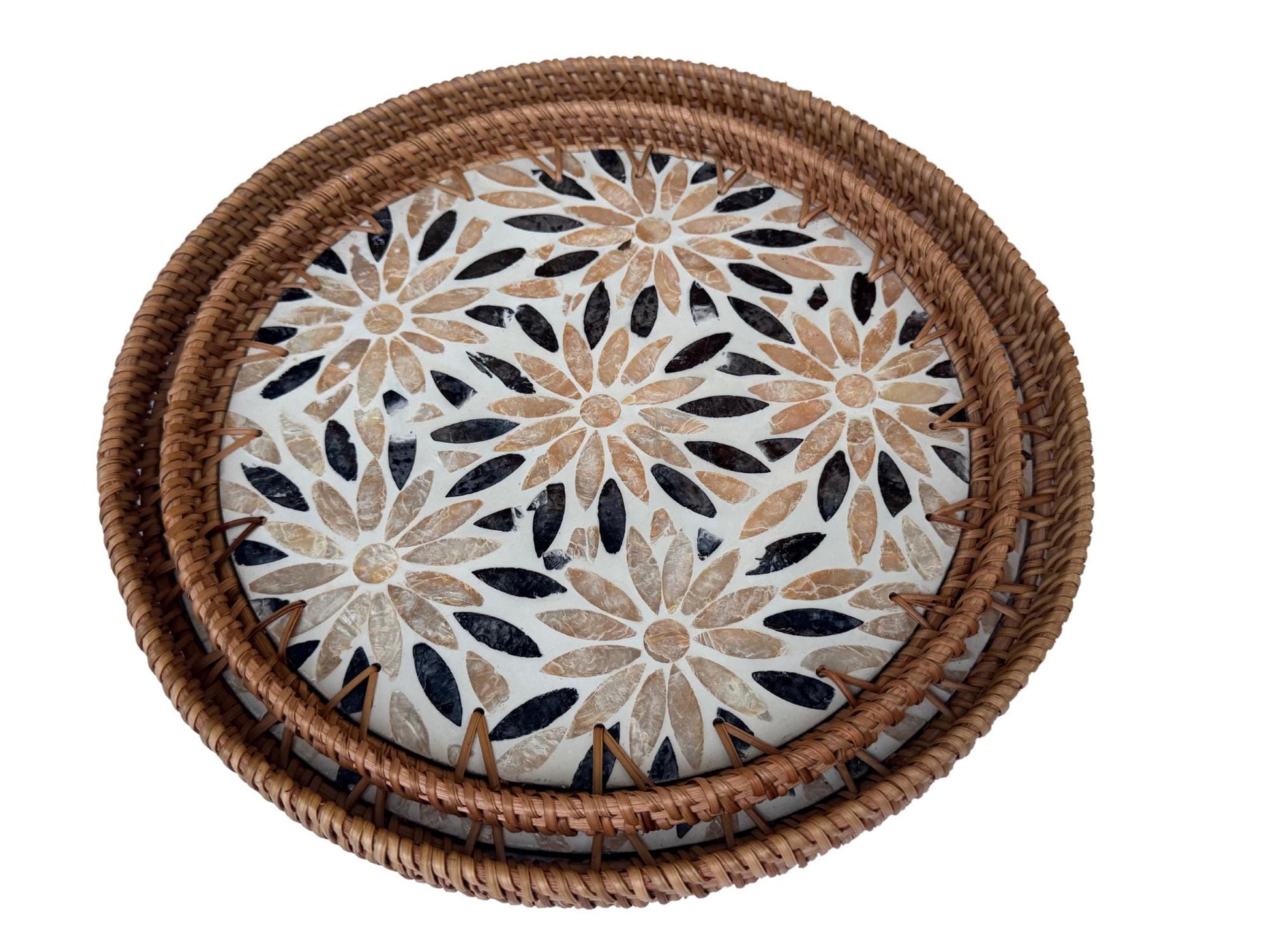 Natural Round Rattan Display Tray with Shell Inlay Base - Artisan Handmade Decor Tray for Coffee Table, Kitchen Serving, Made in Vietnam 19