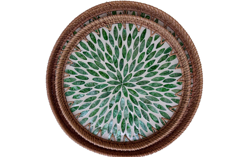 Natural Round Rattan Display Tray with Shell Inlay Base - Artisan Handmade Decor Tray for Coffee Table, Kitchen Serving, Made in Vietnam 28