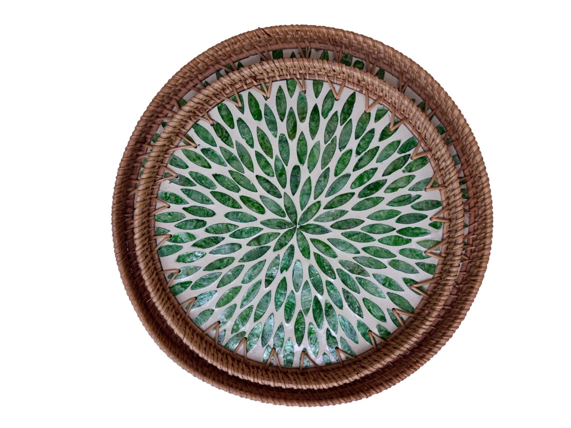 Natural Round Rattan Display Tray with Shell Inlay Base - Artisan Handmade Decor Tray for Coffee Table, Kitchen Serving, Made in Vietnam 28