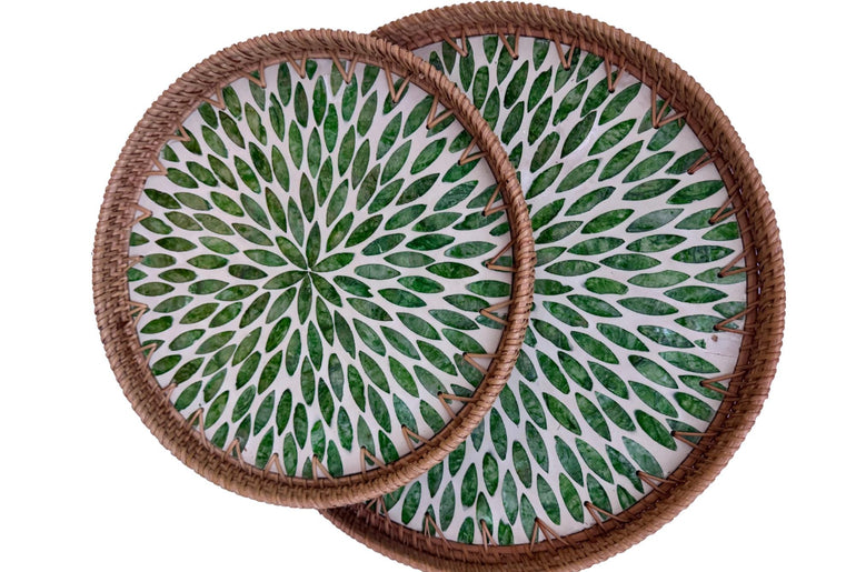 Natural Round Rattan Display Tray with Shell Inlay Base - Artisan Handmade Decor Tray for Coffee Table, Kitchen Serving, Made in Vietnam 28