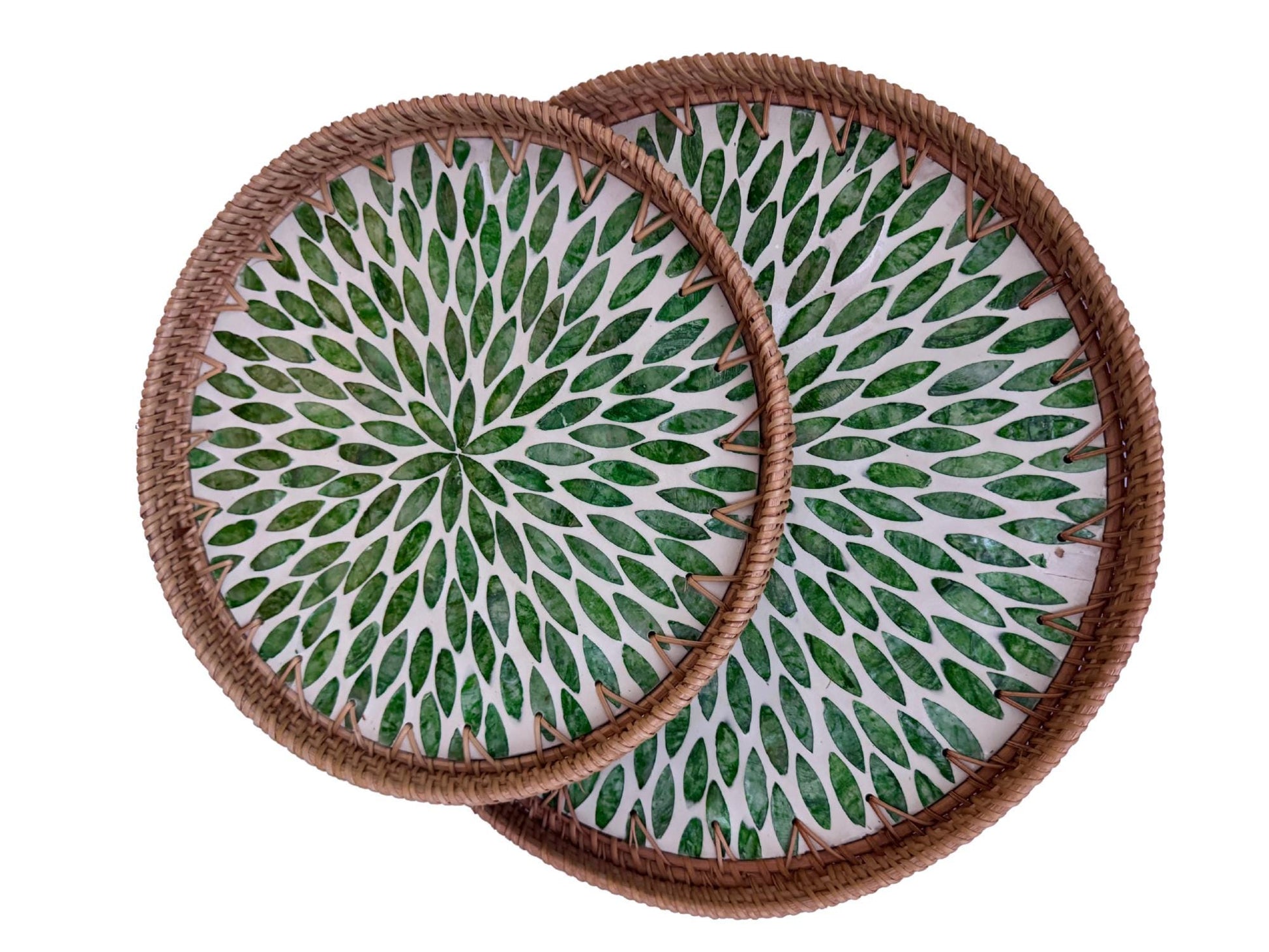 Natural Round Rattan Display Tray with Shell Inlay Base - Artisan Handmade Decor Tray for Coffee Table, Kitchen Serving, Made in Vietnam 28