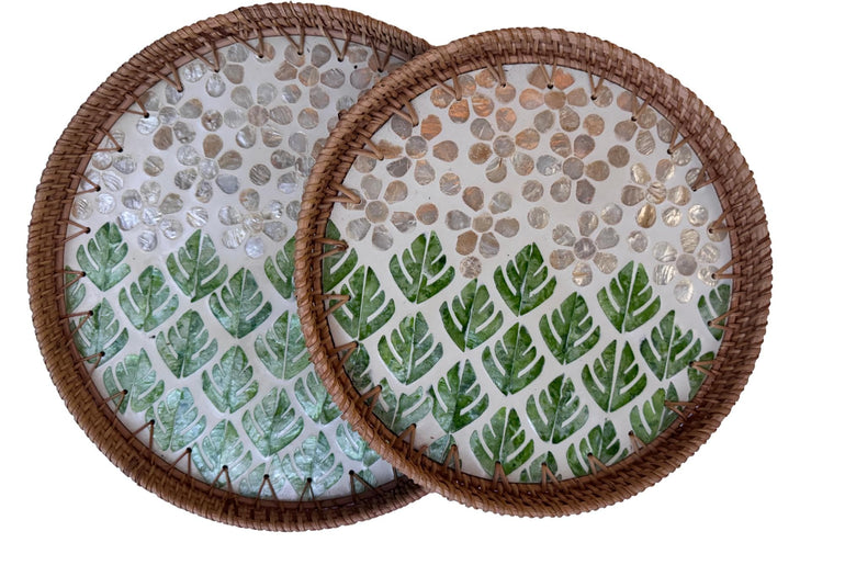 Natural Round Rattan Display Tray with Shell Inlay Base - Artisan Handmade Decor Tray for Coffee Table, Kitchen Serving, Made in Vietnam 29