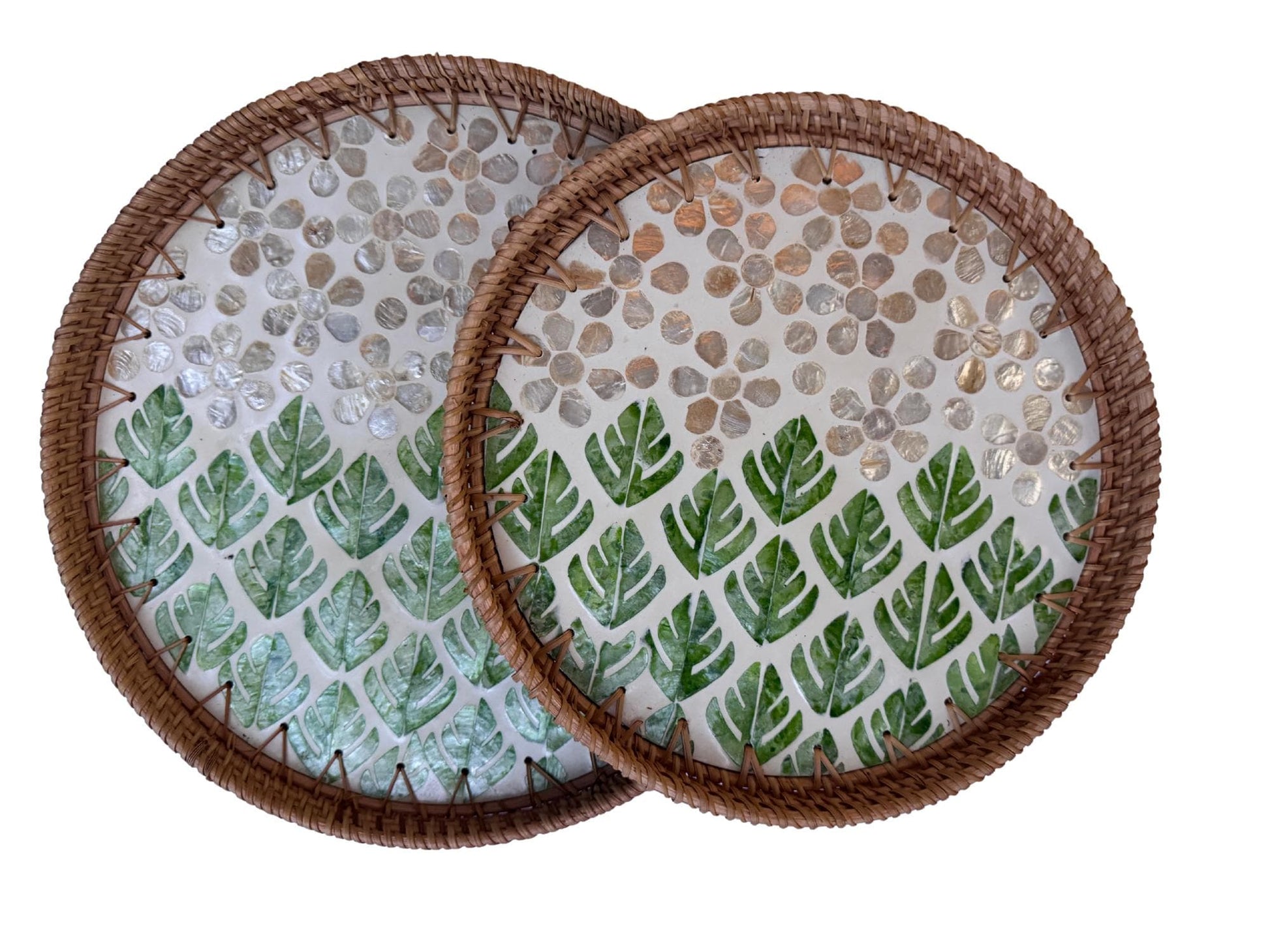 Natural Round Rattan Display Tray with Shell Inlay Base - Artisan Handmade Decor Tray for Coffee Table, Kitchen Serving, Made in Vietnam 29