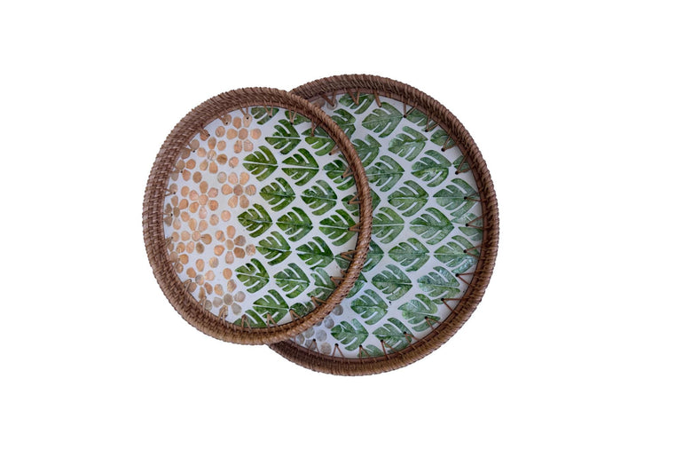 Natural Round Rattan Display Tray with Shell Inlay Base - Artisan Handmade Decor Tray for Coffee Table, Kitchen Serving, Made in Vietnam 29