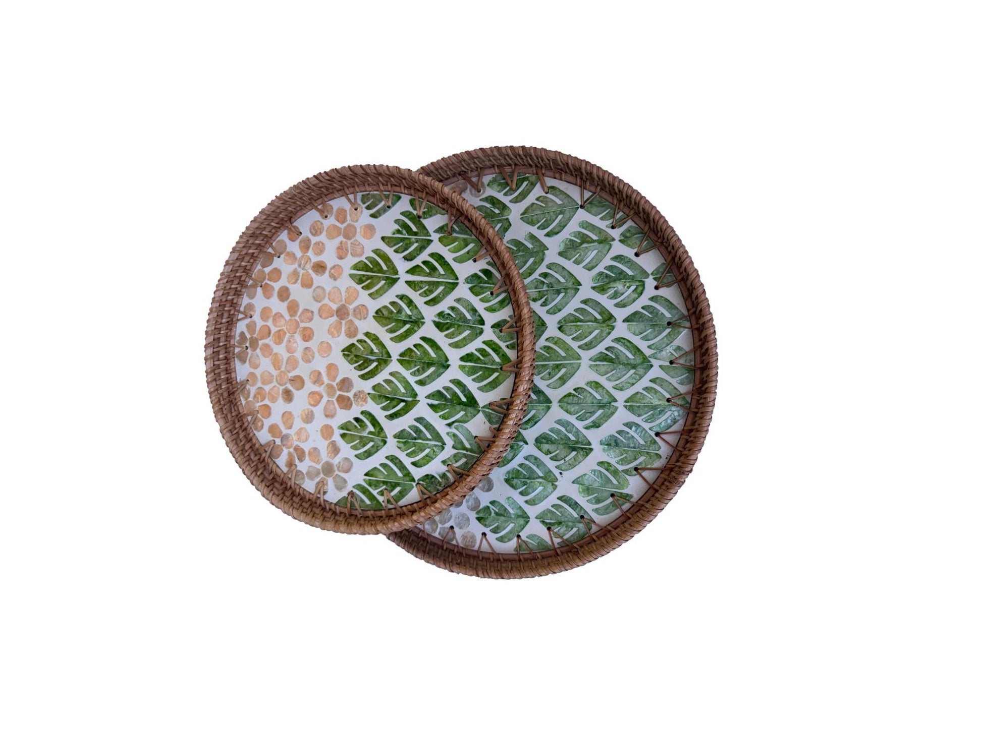 Natural Round Rattan Display Tray with Shell Inlay Base - Artisan Handmade Decor Tray for Coffee Table, Kitchen Serving, Made in Vietnam 29