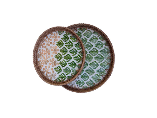 Natural Round Rattan Display Tray with Shell Inlay Base - Artisan Handmade Decor Tray for Coffee Table, Kitchen Serving, Made in Vietnam 29