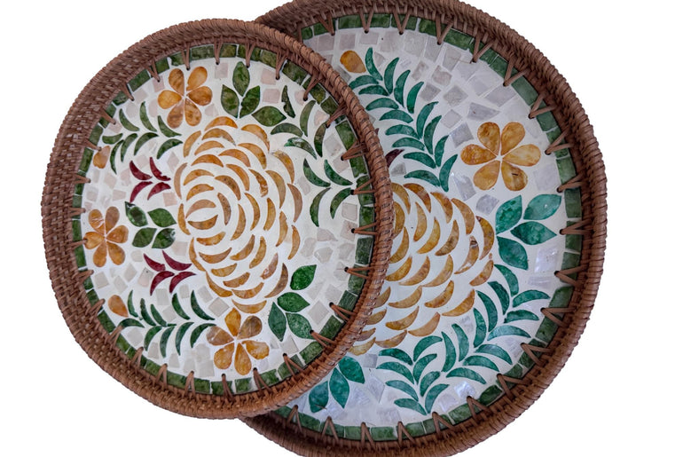 Natural Round Rattan Display Tray with Shell Inlay Base - Artisan Handmade Decor Tray for Coffee Table, Kitchen Serving, Made in Vietnam 27