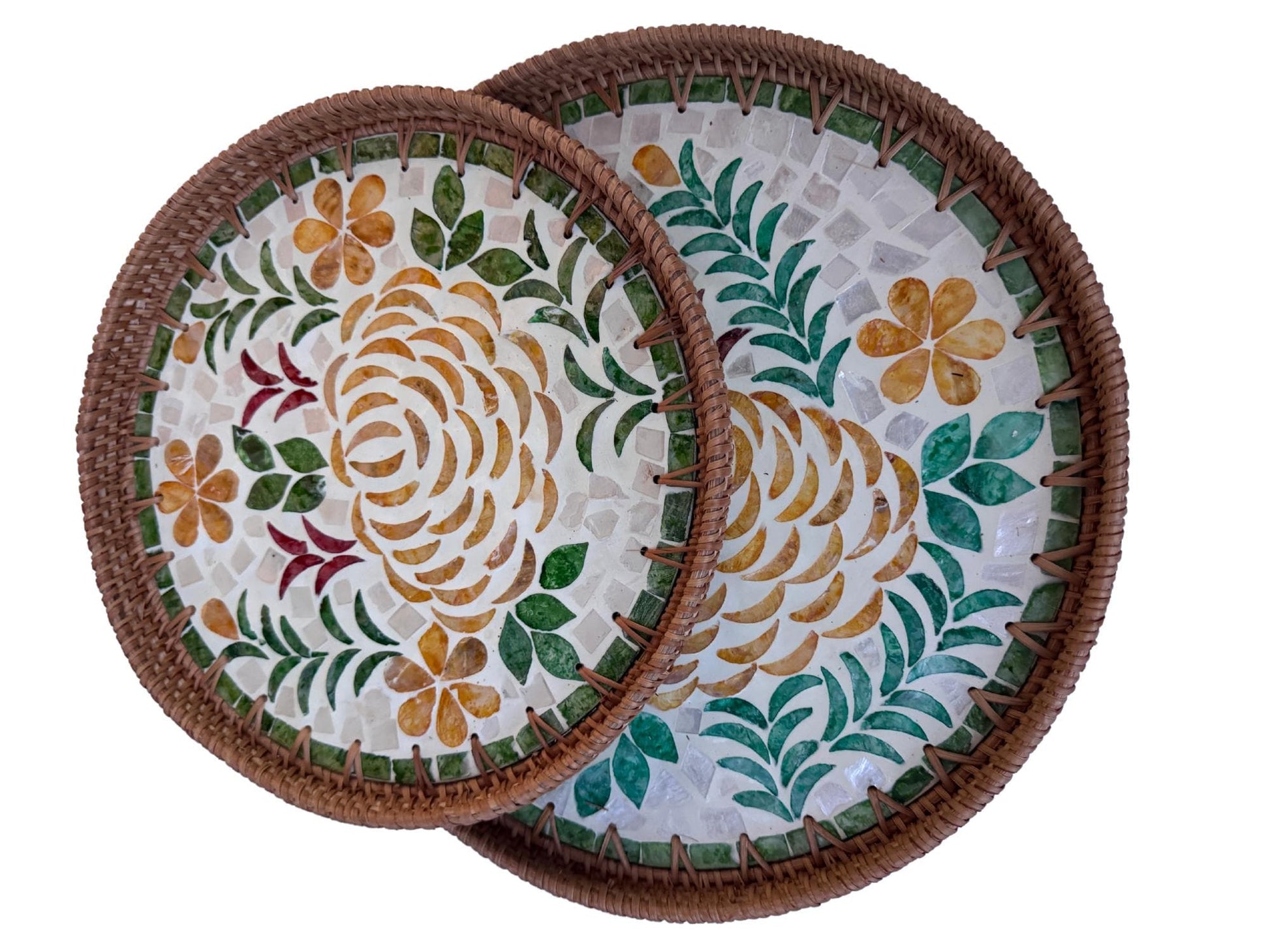 Natural Round Rattan Display Tray with Shell Inlay Base - Artisan Handmade Decor Tray for Coffee Table, Kitchen Serving, Made in Vietnam 27