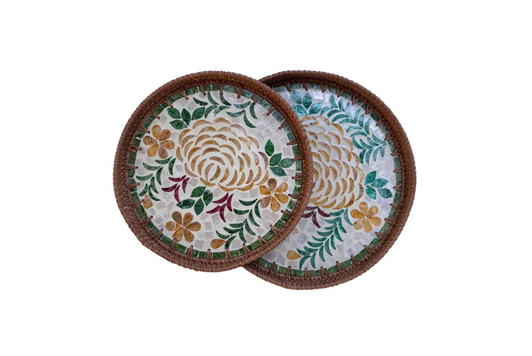 Natural Round Rattan Display Tray with Shell Inlay Base - Artisan Handmade Decor Tray for Coffee Table, Kitchen Serving, Made in Vietnam 27