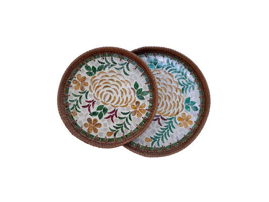 Natural Round Rattan Display Tray with Shell Inlay Base - Artisan Handmade Decor Tray for Coffee Table, Kitchen Serving, Made in Vietnam 27