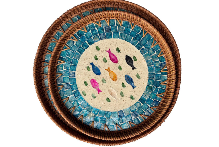 Natural Round Rattan Display Tray with Shell Inlay Base - Artisan Handmade Decor Tray for Coffee Table, Kitchen Serving, Made in Vietnam 24