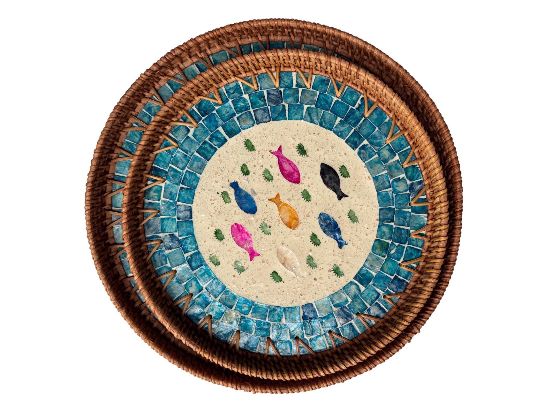 Natural Round Rattan Display Tray with Shell Inlay Base - Artisan Handmade Decor Tray for Coffee Table, Kitchen Serving, Made in Vietnam 24