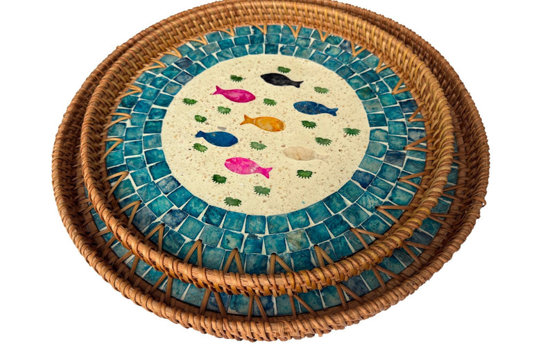Natural Round Rattan Display Tray with Shell Inlay Base - Artisan Handmade Decor Tray for Coffee Table, Kitchen Serving, Made in Vietnam 24