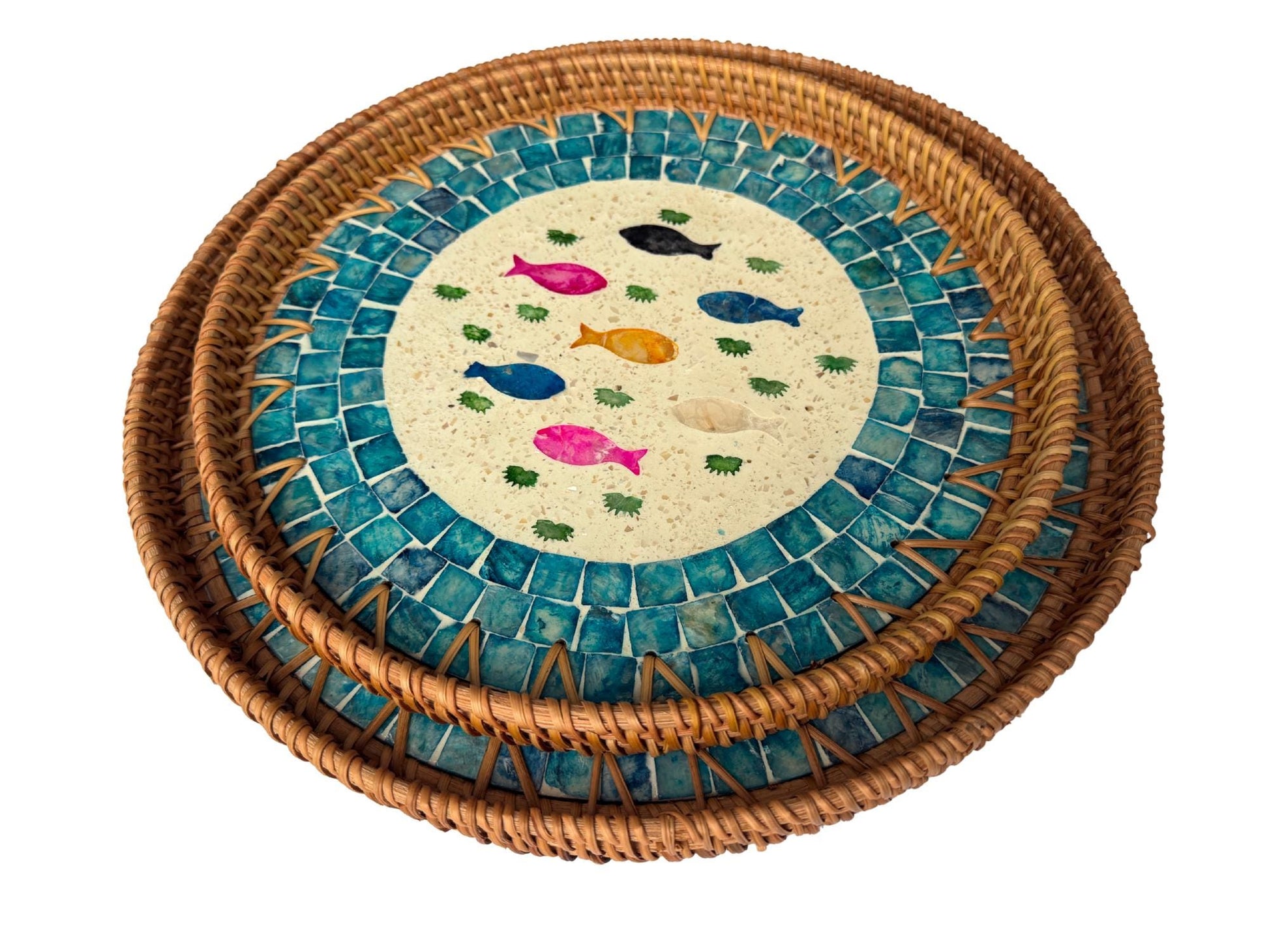Natural Round Rattan Display Tray with Shell Inlay Base - Artisan Handmade Decor Tray for Coffee Table, Kitchen Serving, Made in Vietnam 24