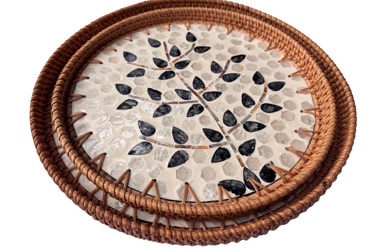 Natural Round Rattan Display Tray with Shell Inlay Base - Artisan Handmade Decor Tray for Coffee Table, Kitchen Serving, Made in Vietnam 21