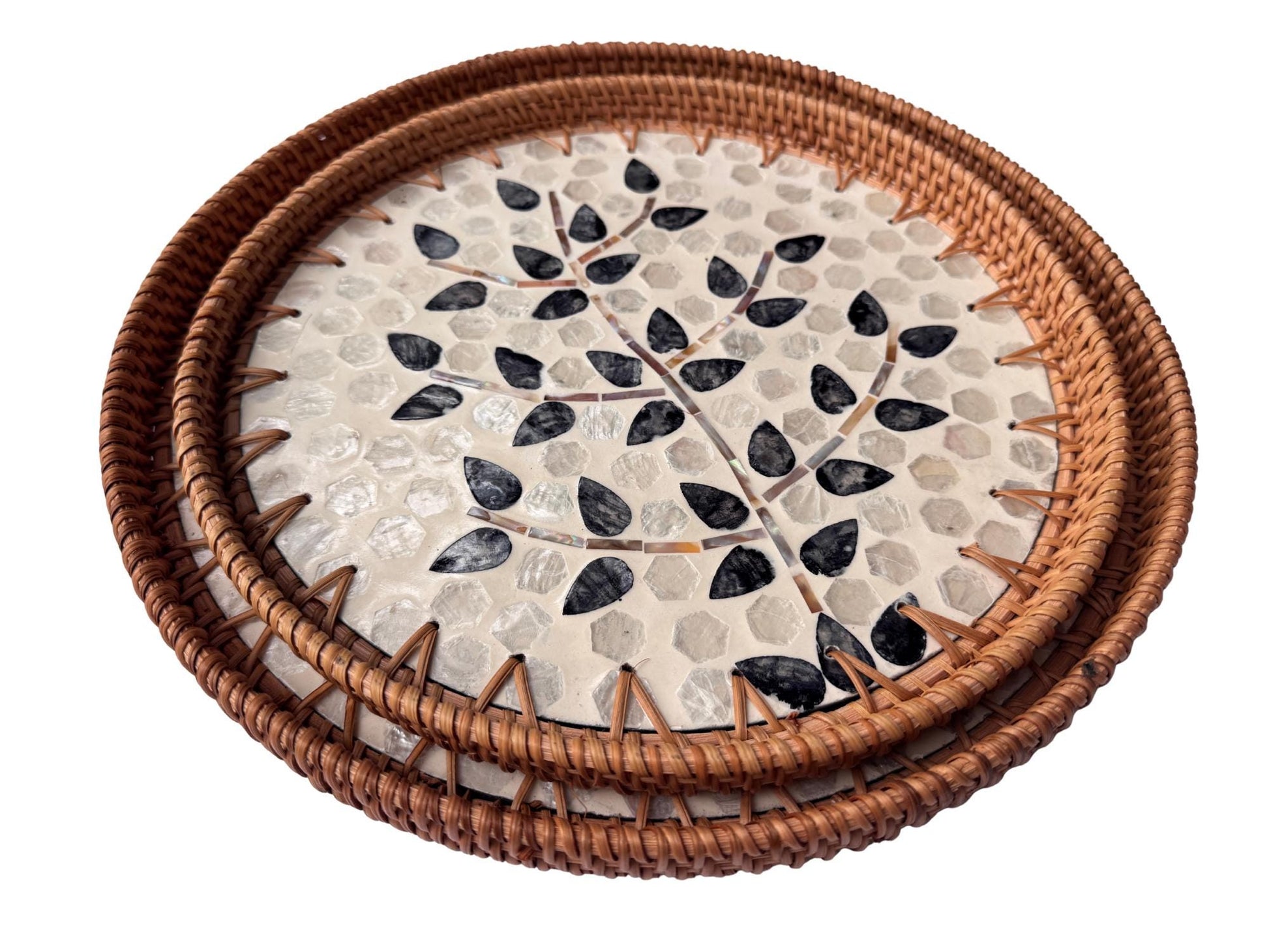 Natural Round Rattan Display Tray with Shell Inlay Base - Artisan Handmade Decor Tray for Coffee Table, Kitchen Serving, Made in Vietnam 21