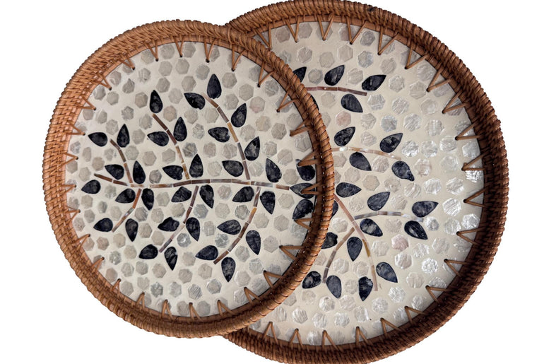 Natural Round Rattan Display Tray with Shell Inlay Base - Artisan Handmade Decor Tray for Coffee Table, Kitchen Serving, Made in Vietnam 21