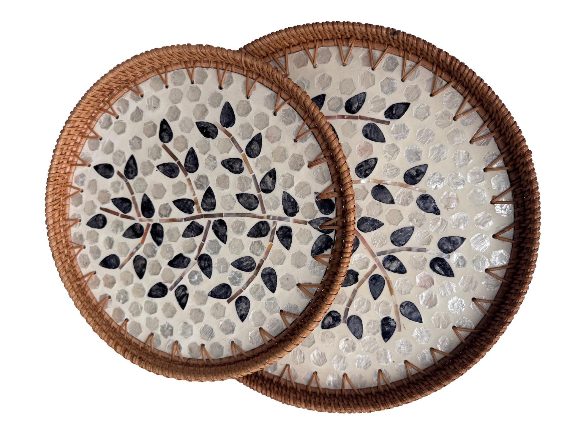 Natural Round Rattan Display Tray with Shell Inlay Base - Artisan Handmade Decor Tray for Coffee Table, Kitchen Serving, Made in Vietnam 21