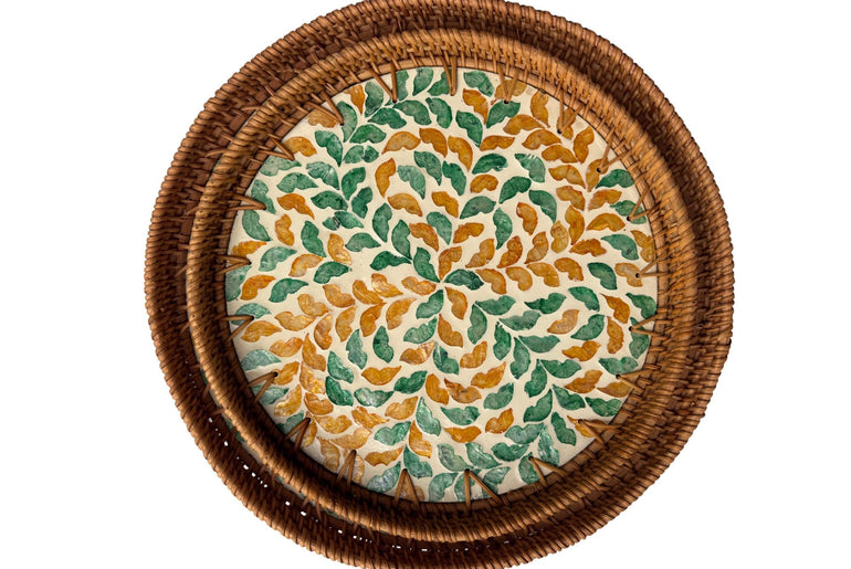 Natural Round Rattan Display Tray with Shell Inlay Base - Artisan Handmade Decor Tray for Coffee Table, Kitchen Serving, Made in Vietnam 23