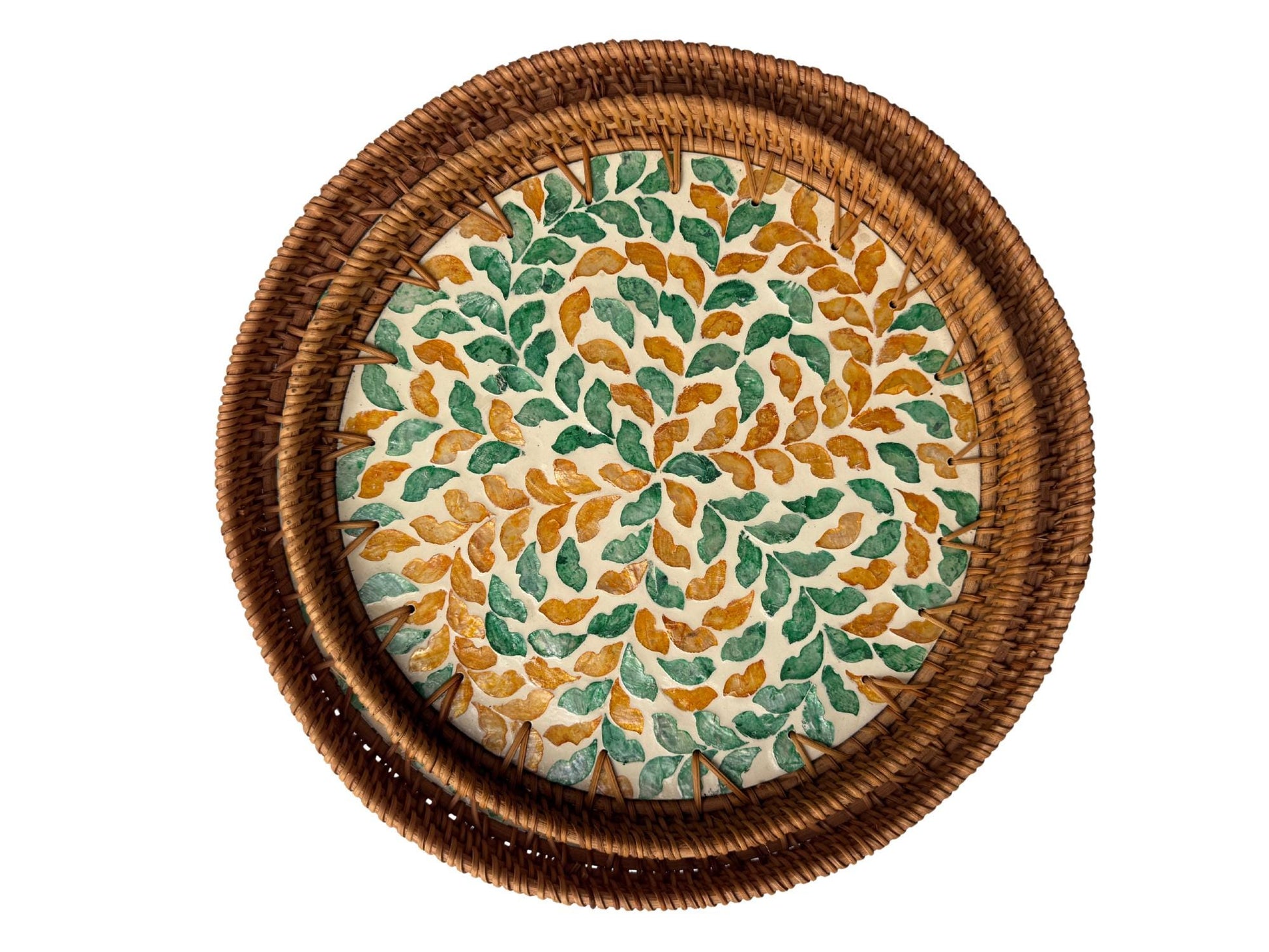 Natural Round Rattan Display Tray with Shell Inlay Base - Artisan Handmade Decor Tray for Coffee Table, Kitchen Serving, Made in Vietnam 23