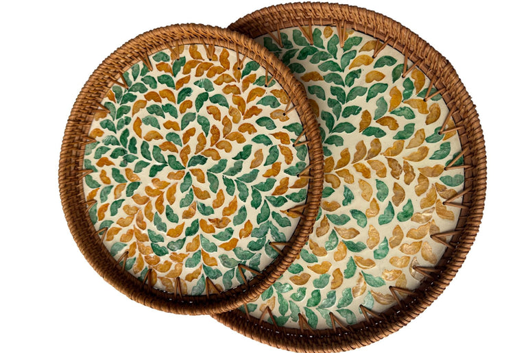 Natural Round Rattan Display Tray with Shell Inlay Base - Artisan Handmade Decor Tray for Coffee Table, Kitchen Serving, Made in Vietnam 23
