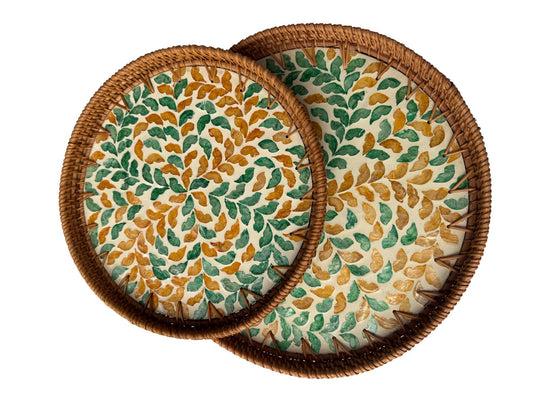 Natural Round Rattan Display Tray with Shell Inlay Base - Artisan Handmade Decor Tray for Coffee Table, Kitchen Serving, Made in Vietnam 23