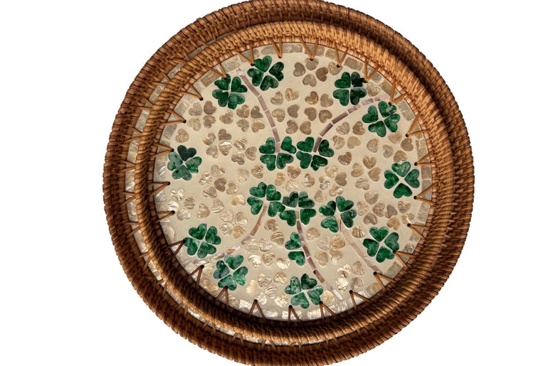 Natural Round Rattan Display Tray with Shell Inlay Base - Artisan Handmade Decor Tray for Coffee Table, Kitchen Serving, Made in Vietnam 22