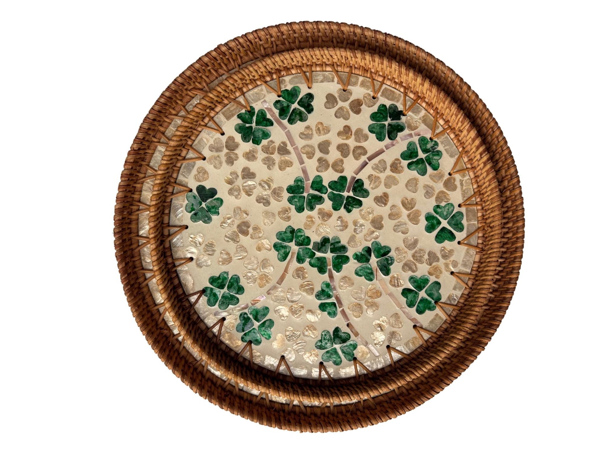 Natural Round Rattan Display Tray with Shell Inlay Base - Artisan Handmade Decor Tray for Coffee Table, Kitchen Serving, Made in Vietnam 22