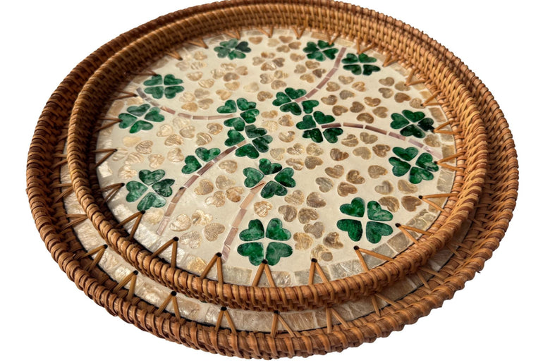Natural Round Rattan Display Tray with Shell Inlay Base - Artisan Handmade Decor Tray for Coffee Table, Kitchen Serving, Made in Vietnam 22