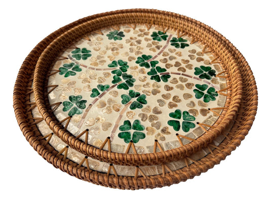 Natural Round Rattan Display Tray with Shell Inlay Base - Artisan Handmade Decor Tray for Coffee Table, Kitchen Serving, Made in Vietnam 22