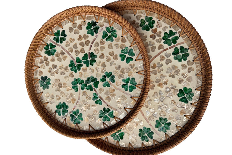 Natural Round Rattan Display Tray with Shell Inlay Base - Artisan Handmade Decor Tray for Coffee Table, Kitchen Serving, Made in Vietnam 22
