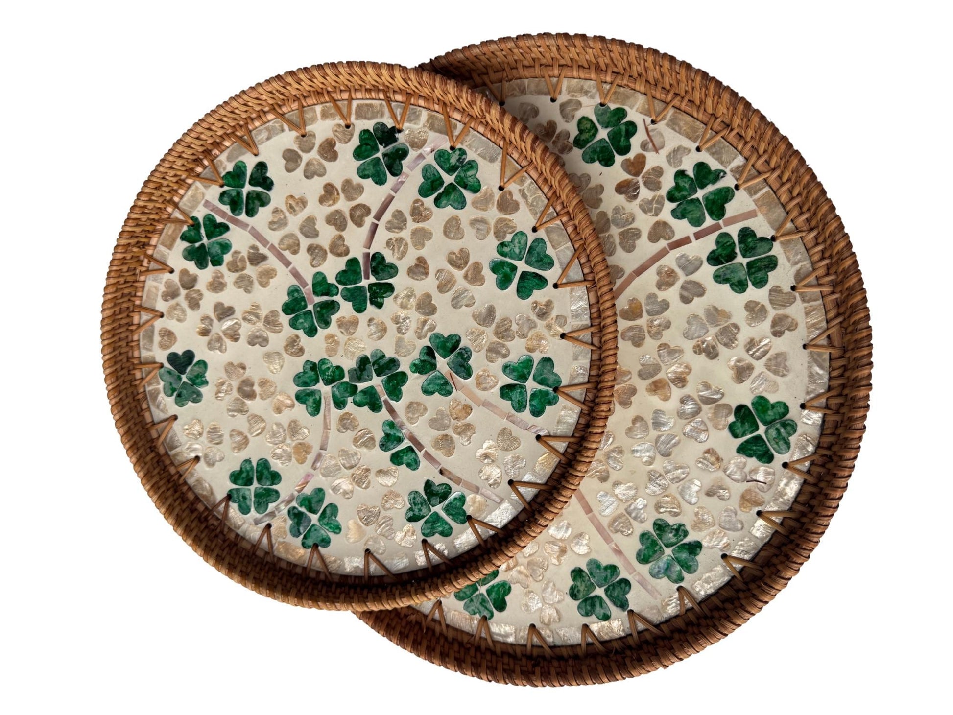 Natural Round Rattan Display Tray with Shell Inlay Base - Artisan Handmade Decor Tray for Coffee Table, Kitchen Serving, Made in Vietnam 22