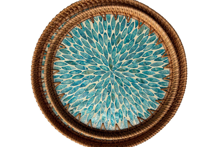 Natural Round Rattan Display Tray with Shell Inlay Base - Artisan Handmade Decor Tray for Coffee Table, Kitchen Serving, Made in Vietnam 143