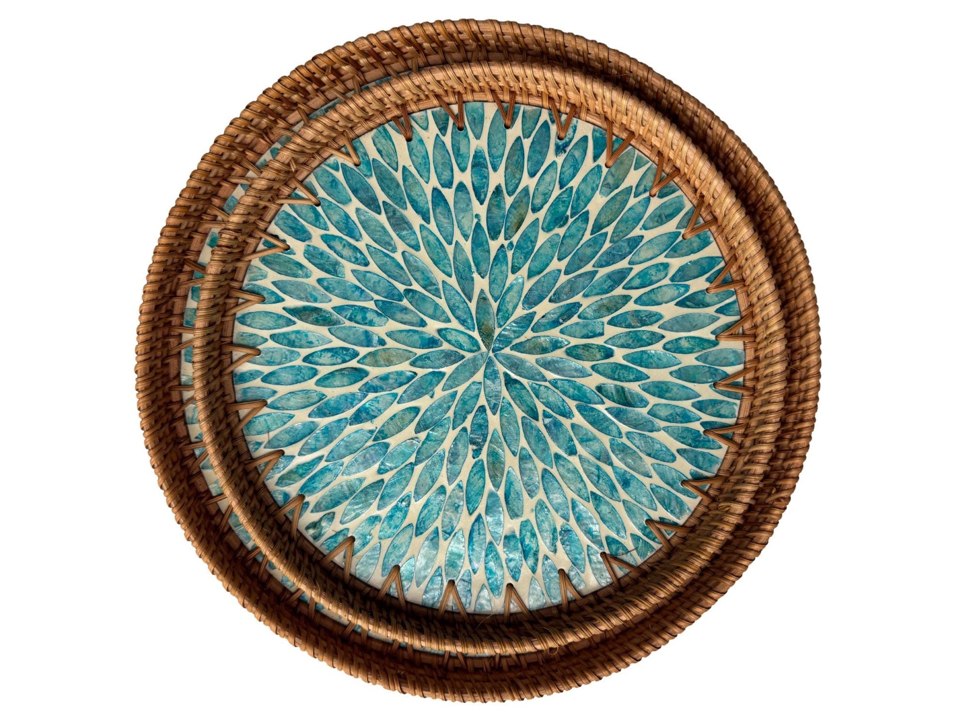 Natural Round Rattan Display Tray with Shell Inlay Base - Artisan Handmade Decor Tray for Coffee Table, Kitchen Serving, Made in Vietnam 143
