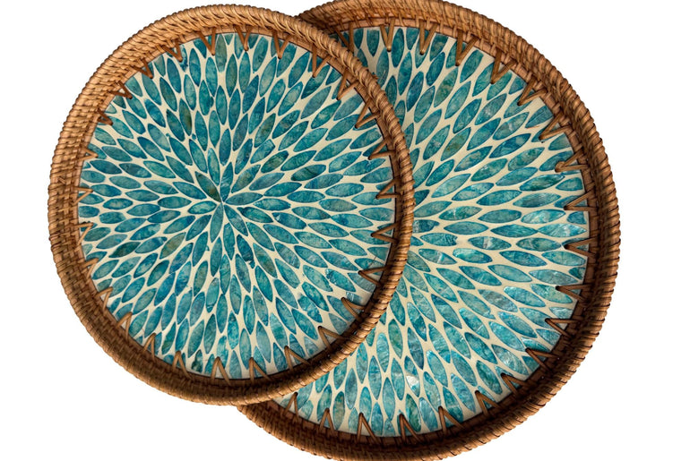 Natural Round Rattan Display Tray with Shell Inlay Base - Artisan Handmade Decor Tray for Coffee Table, Kitchen Serving, Made in Vietnam 143