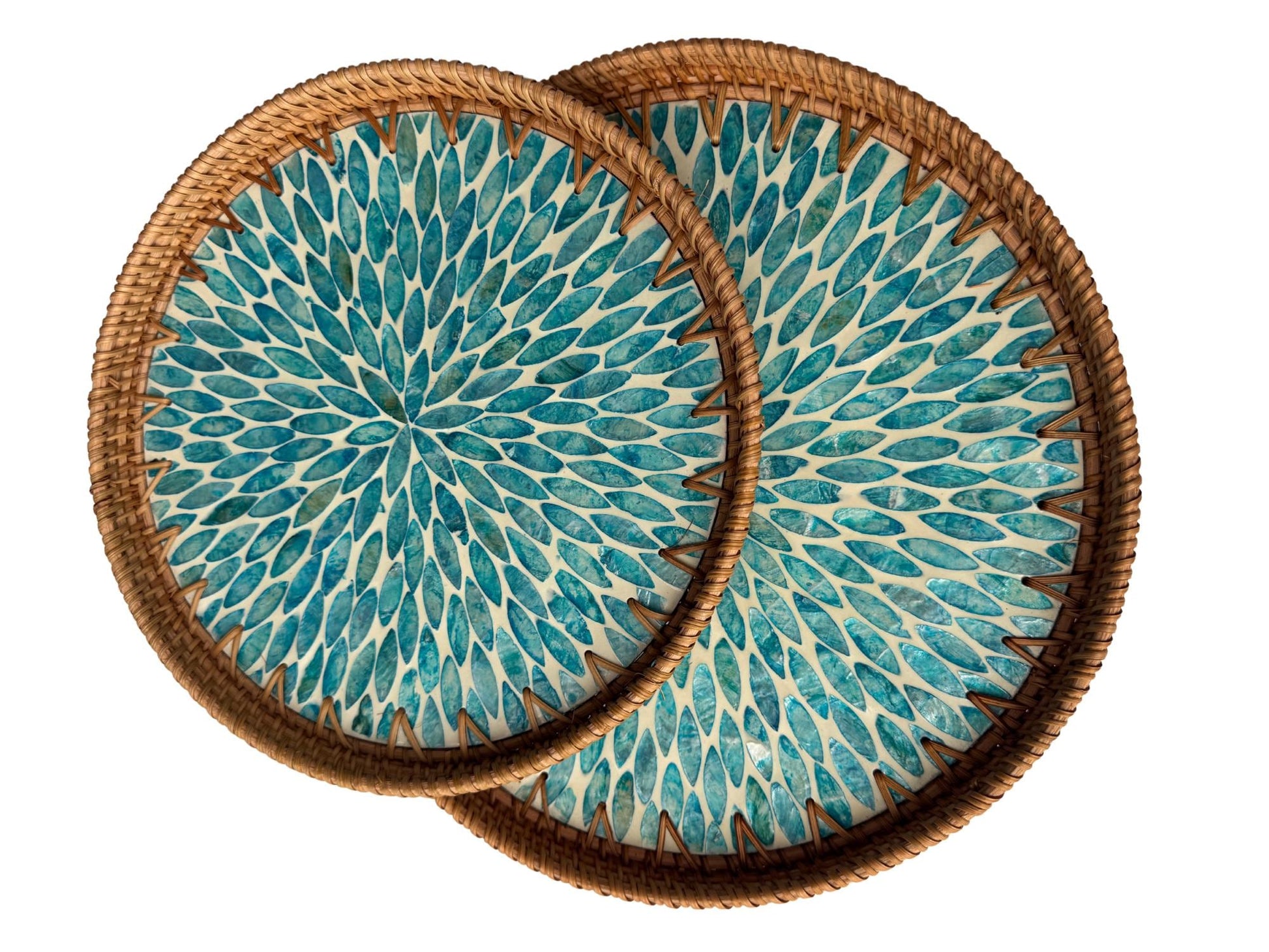Natural Round Rattan Display Tray with Shell Inlay Base - Artisan Handmade Decor Tray for Coffee Table, Kitchen Serving, Made in Vietnam 143