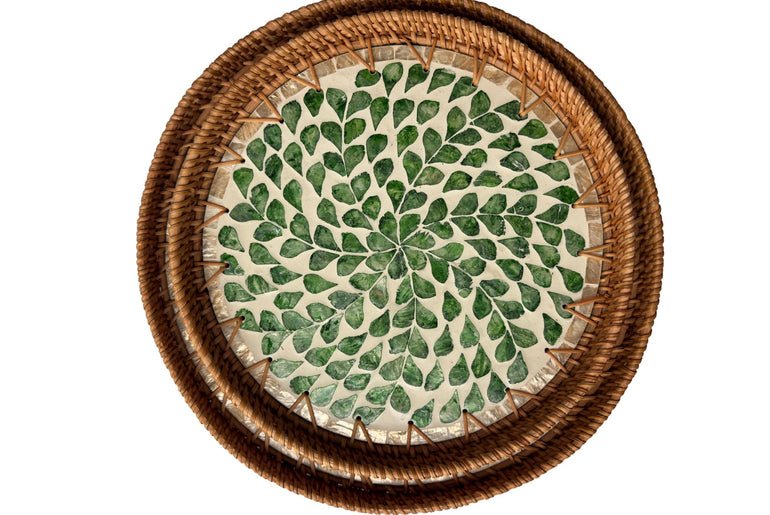 Natural Round Rattan Display Tray with Shell Inlay Base - Artisan Handmade Decor Tray for Coffee Table, Kitchen Serving, Made in Vietnam 30