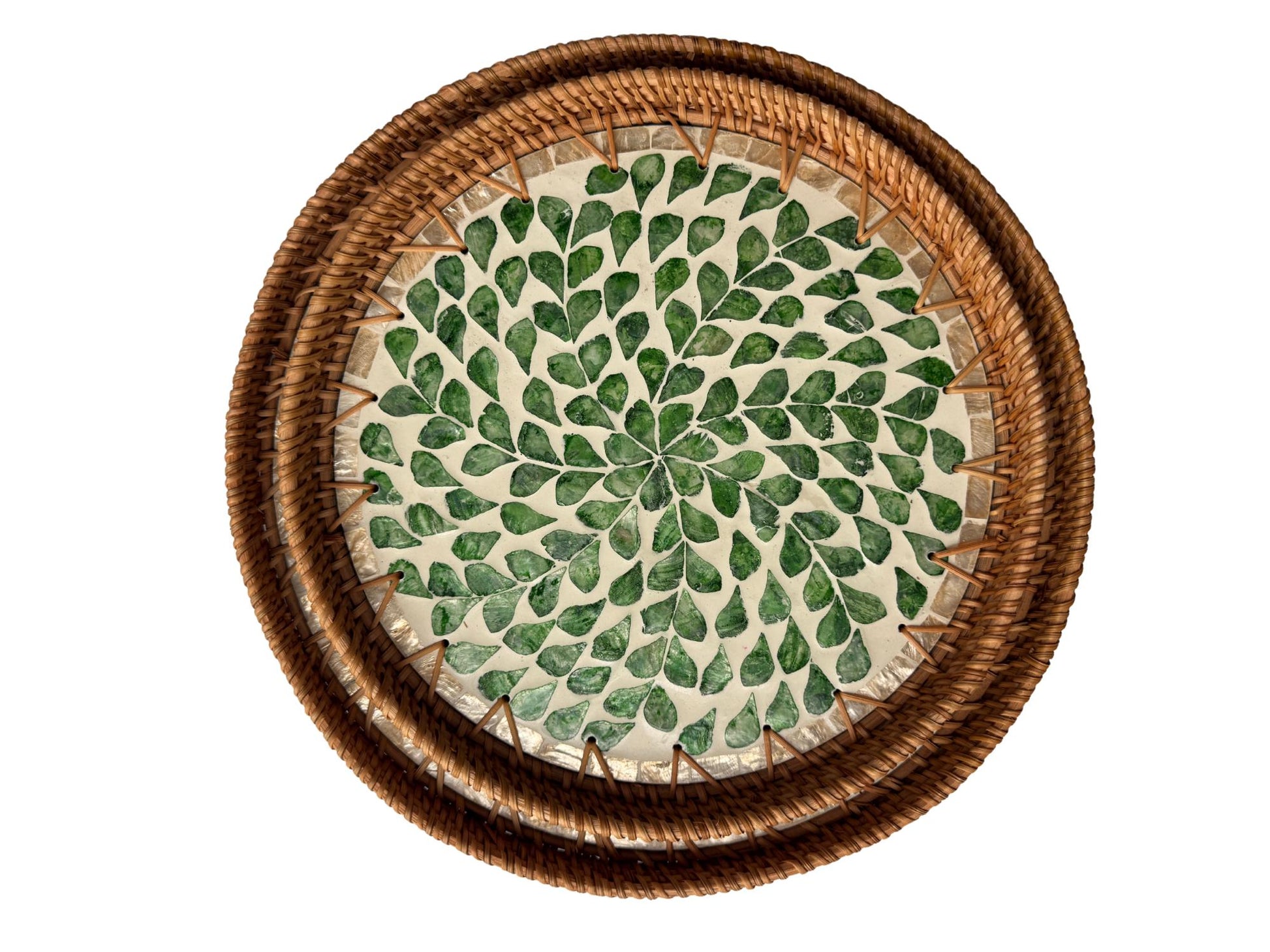 Natural Round Rattan Display Tray with Shell Inlay Base - Artisan Handmade Decor Tray for Coffee Table, Kitchen Serving, Made in Vietnam 30